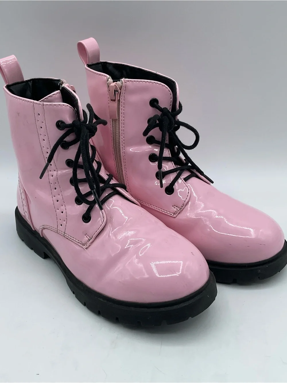 DREAM PAIRS Kids Size 13 Pink Patent Combat Boots Lace Up Side Zip Girls